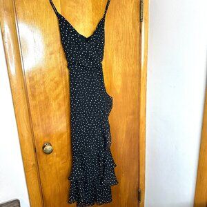 Dark fairy romantic chic polka dot asymmetric black midi dress, Size Large Tall